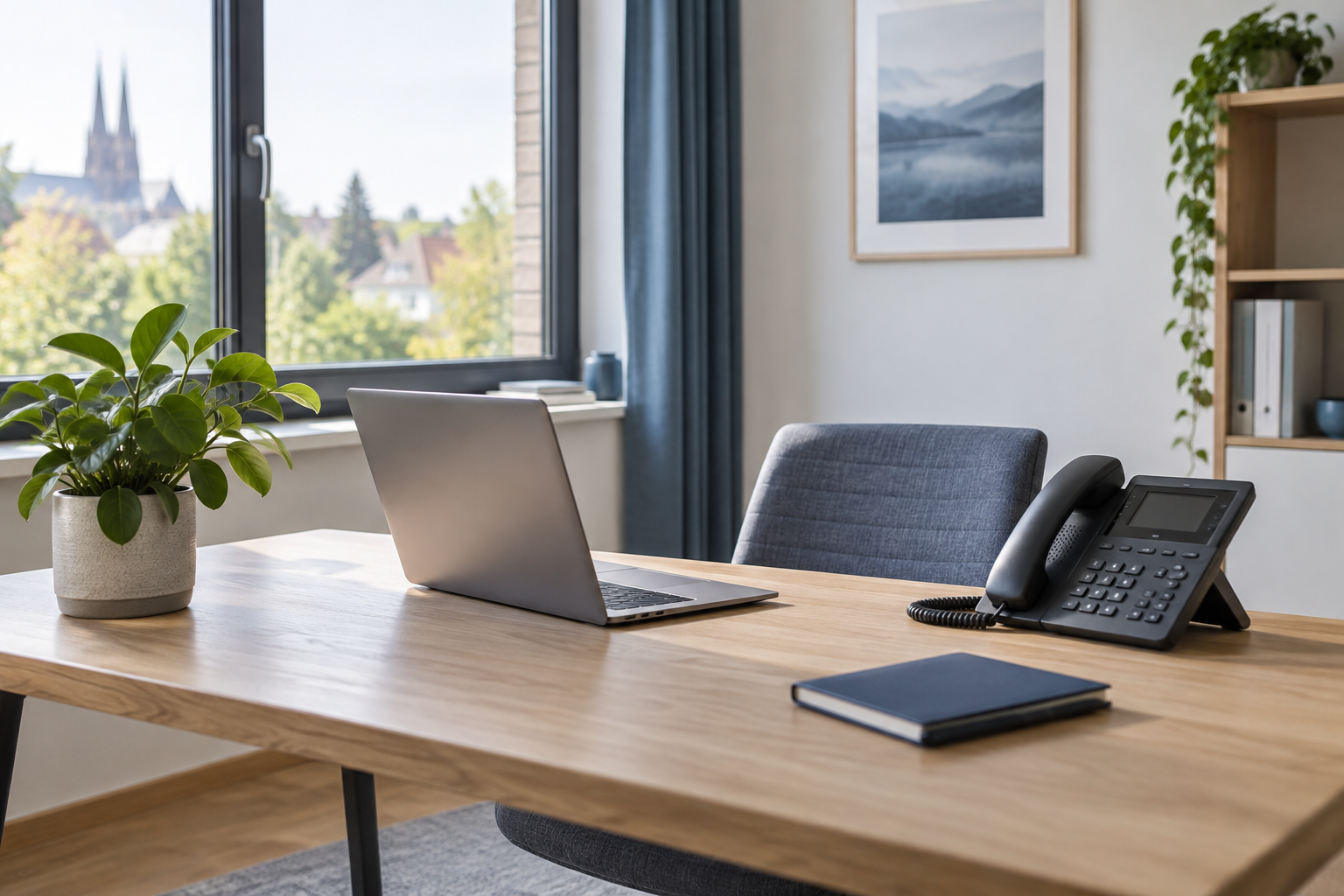 Homeoffice-Arbeitsplatz mit Notebook und IP-Tischtelefon