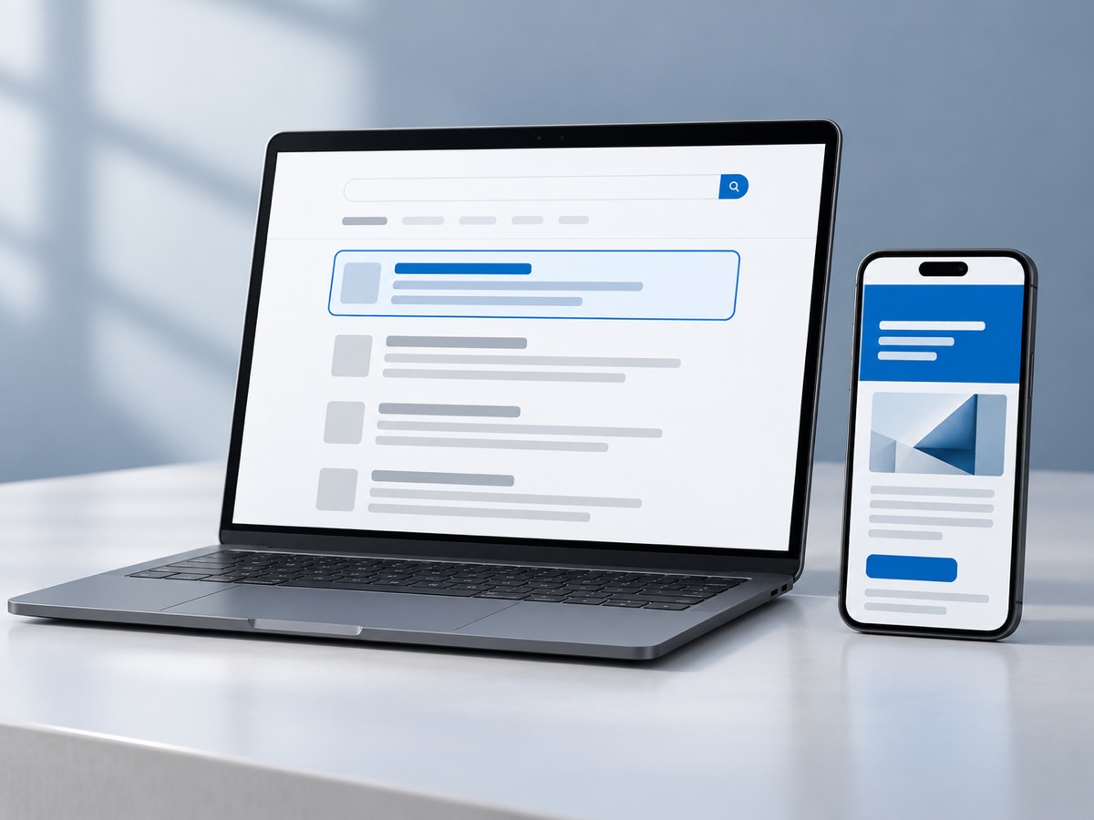 Illustratives Mockup: Suchanzeige auf einem Notebook und Newsletter auf einem Smartphone.