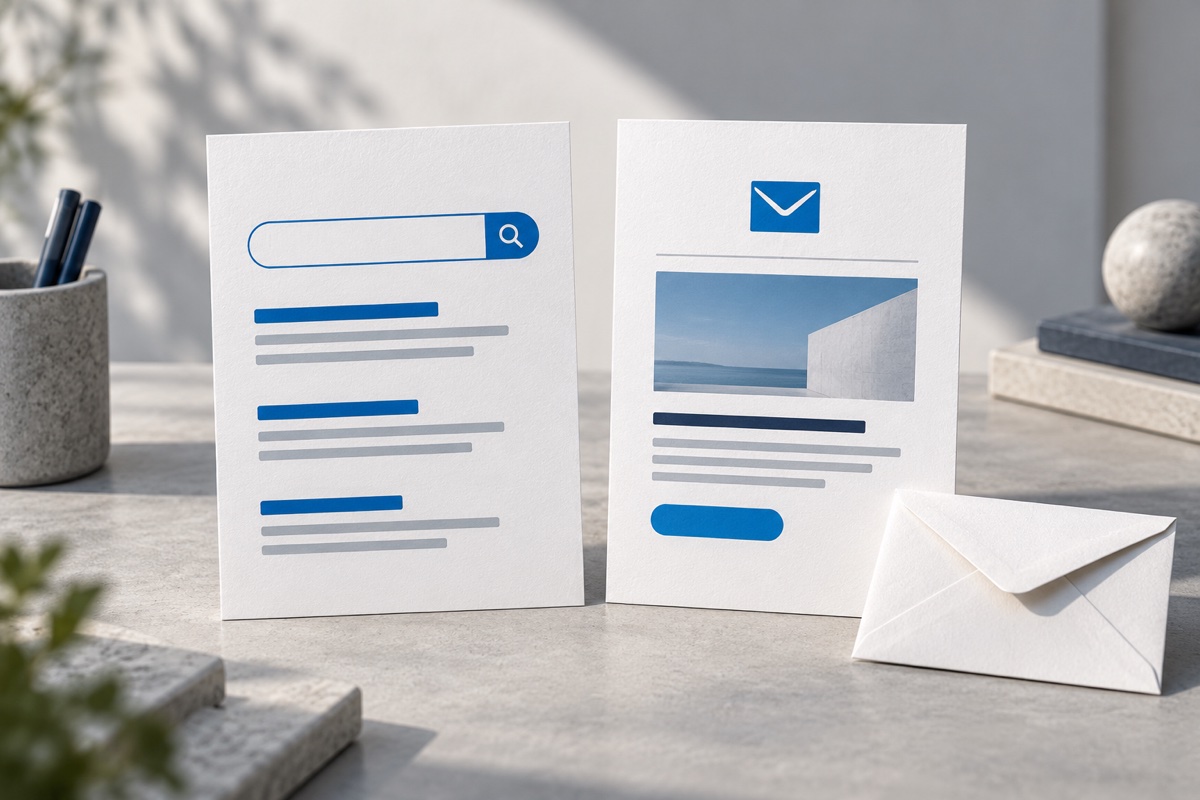 Illustratives Symbolbild: Suchanzeige und Newsletter als gestaltete Karten mit Briefumschlag.