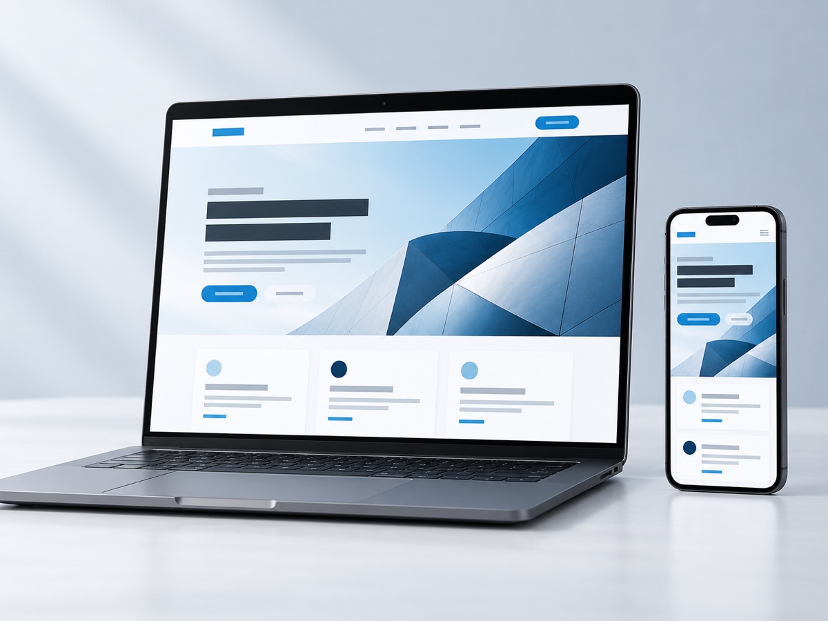 Illustratives Design-Mockup: Website auf Notebook und Smartphone in Blau und Weiß.
